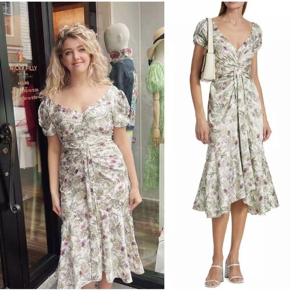 Cinq A Sept Walker Floral Midi Dress 8 Asymmetrical v-neck short sleeves Ivory